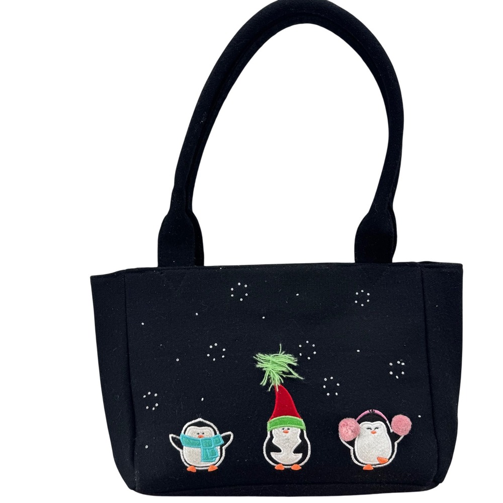 Black Penguin Embroidered‎ Wool Blend Tote Bag Cute Holiday Winter Accessory